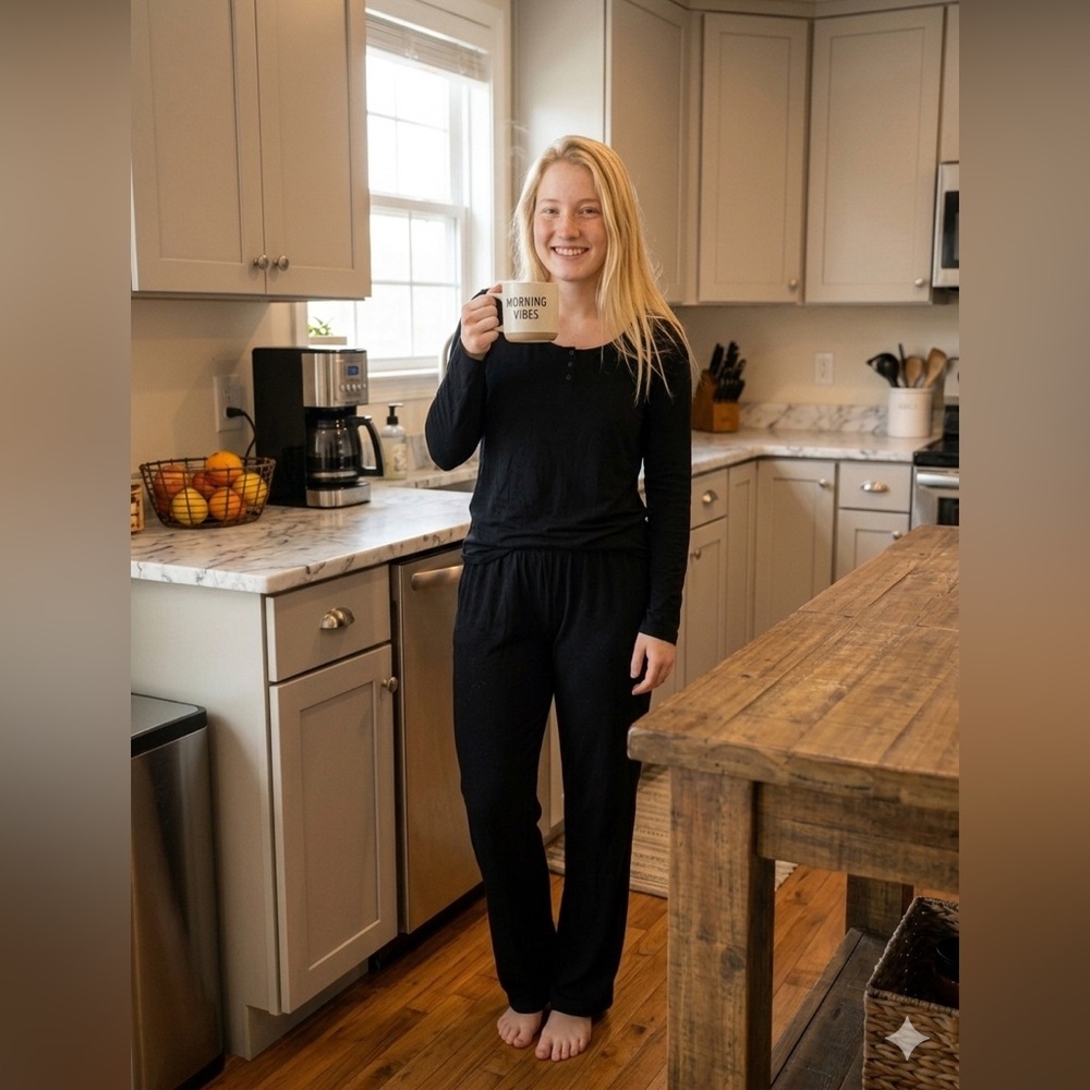 Charter Club Black Henley Cotton Pajama Set Black Elastic Waistband XL Plus Size